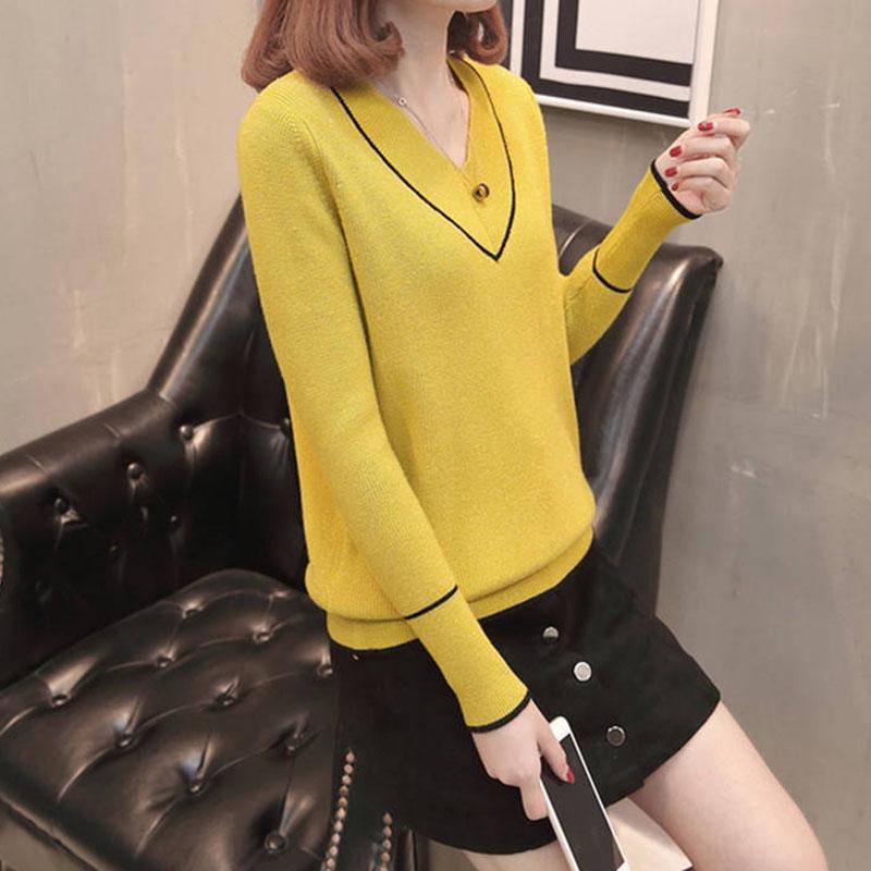 Women's  V-neck Loose Plus Size Pullover Sweater Long-sleeved Knitted Sweater Jumper Top