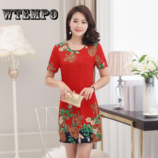Fashion Vintage Cheongsam Clothes Summer Lotus Printing Women's Loose Short Dresses Plus Size XL-5XL