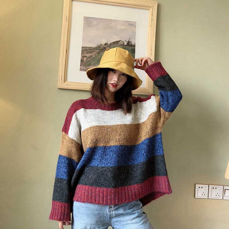 Women's Autumn  Winter Long-sleeved Hedging Striped Color-blocking Sweater All-match Casual Fashion Sweater