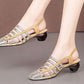 Thick Heel Sandals Women's Soft Leather Fish Pattern Shoes Roman Shoes Color Matching Hollow Word Buckle Women's Shoes Thick Bottom Sandals