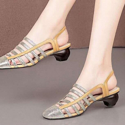 Thick Heel Sandals Women's Soft Leather Fish Pattern Shoes Roman Shoes Color Matching Hollow Word Buckle Women's Shoes Thick Bottom Sandals