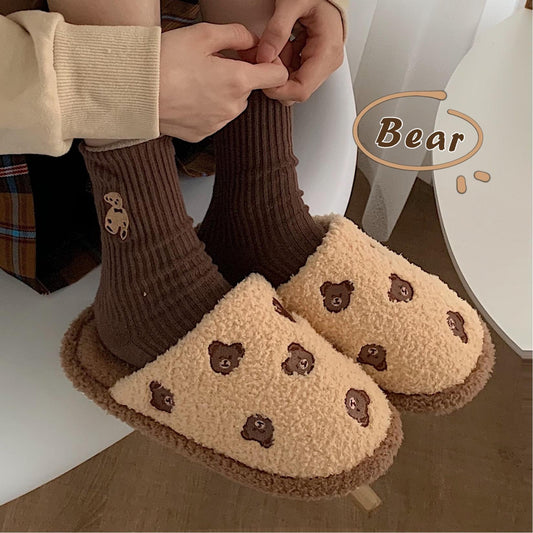 Cute Bear Slippers Autumn and Winter Warm Casual Flat Shoes Indoor Non-slip Cotton Shoes Soft Shoes
