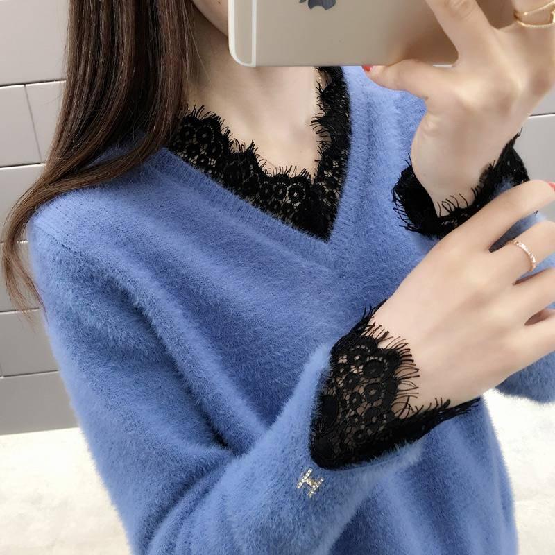 Fake Two Pieces V-neck Sweater Women's Lace Stitching Loose Pullover Thickening Sweater