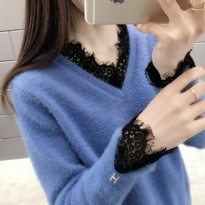 Lace Stitching V-neck Sweater Women's Loose Pullover Long Sleeved Thickening Sweater