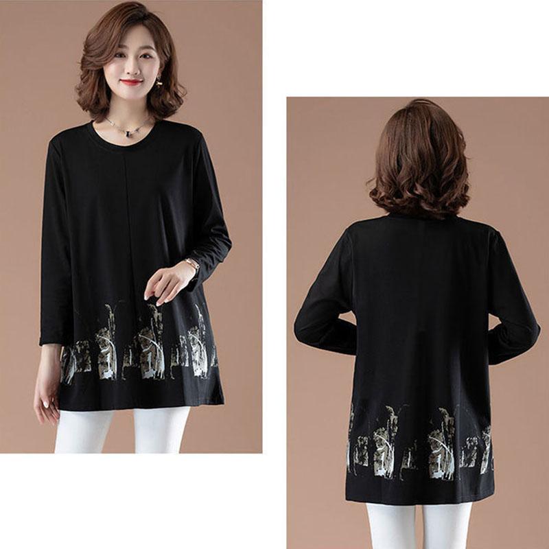 Womens Leisure Print T-shirt Long Sleeve Round Neck Blouses Casual Loose Tops Pullover