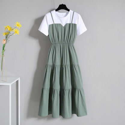 Plus Size Dress Women Summer A-line Long Dress Short-sleeve Pleated Dress