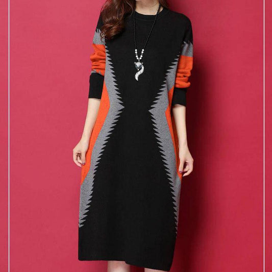 Autumn Winter Long Base Sweater Dress Large Size Loose Sweater Dress Contrast Color Pullover Knitted Dress