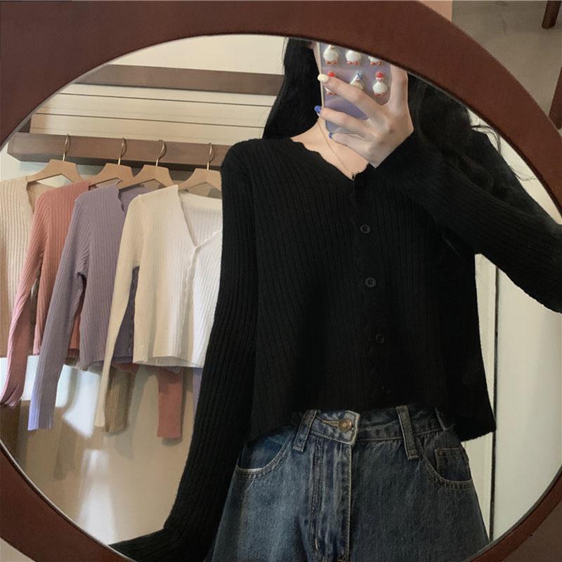 Early Autumn V-neck Sweater Long-sleeved Cardigan Sweater Small Coat All-match Female Gentle Wind Ladies Slim Pure Color Simple Top