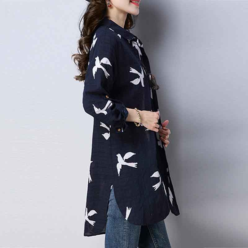 Cotton Vintage Dove Print Mid Length Plus Size Loose Shirt Casual Plus Size Long Top
