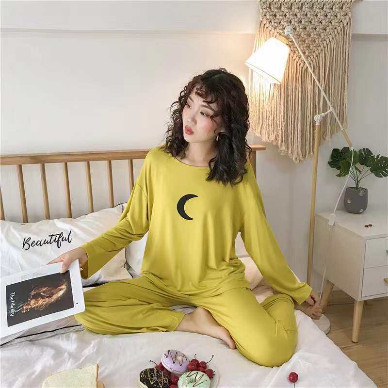 Spring Autumn Pajamas Set Modal Long Sleeve Moon Printing Pyjama Suit Ladies Loose Large Size Home Wear Outer Wear Suit