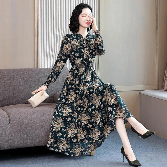 Spring and Autumn Chiffon Dress Long Sleeve Feminine Large Size Long Section Slim Fit Waist Thin Floral Skirt Women Can Be Worn Inside or Outside