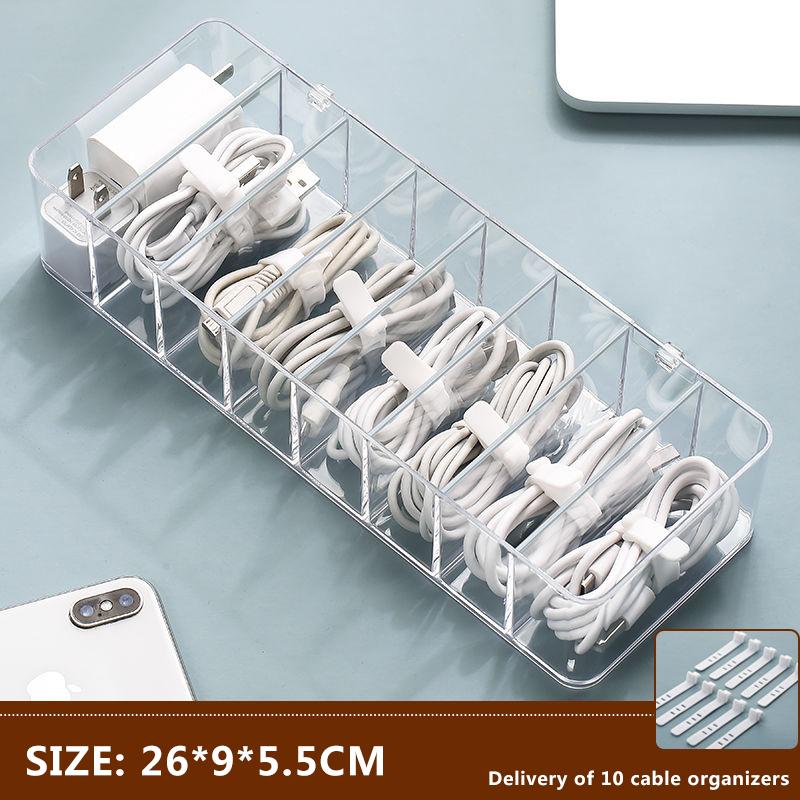 8 Grid Data Cable Storage Box Mobile Phone Charging Cable Charger Compartment Finishing Box Desktop Transparent Storage Box Anti-dust Box
