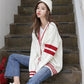 Women's Autumn Lazy Style Sweater Cardigan Loose Long-sleeved V-neck Sweater Stitching Color Sweater Coat Loose and Comfortable