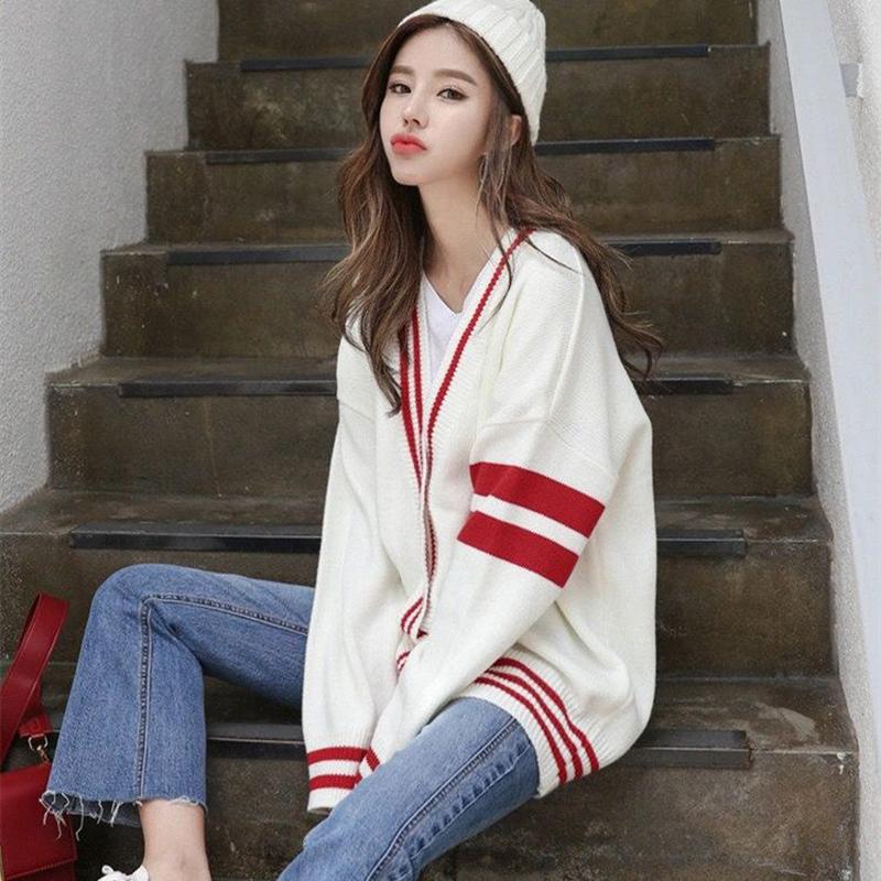 Women's Autumn Lazy Style Sweater Cardigan Loose Long-sleeved V-neck Sweater Stitching Color Sweater Coat Loose and Comfortable