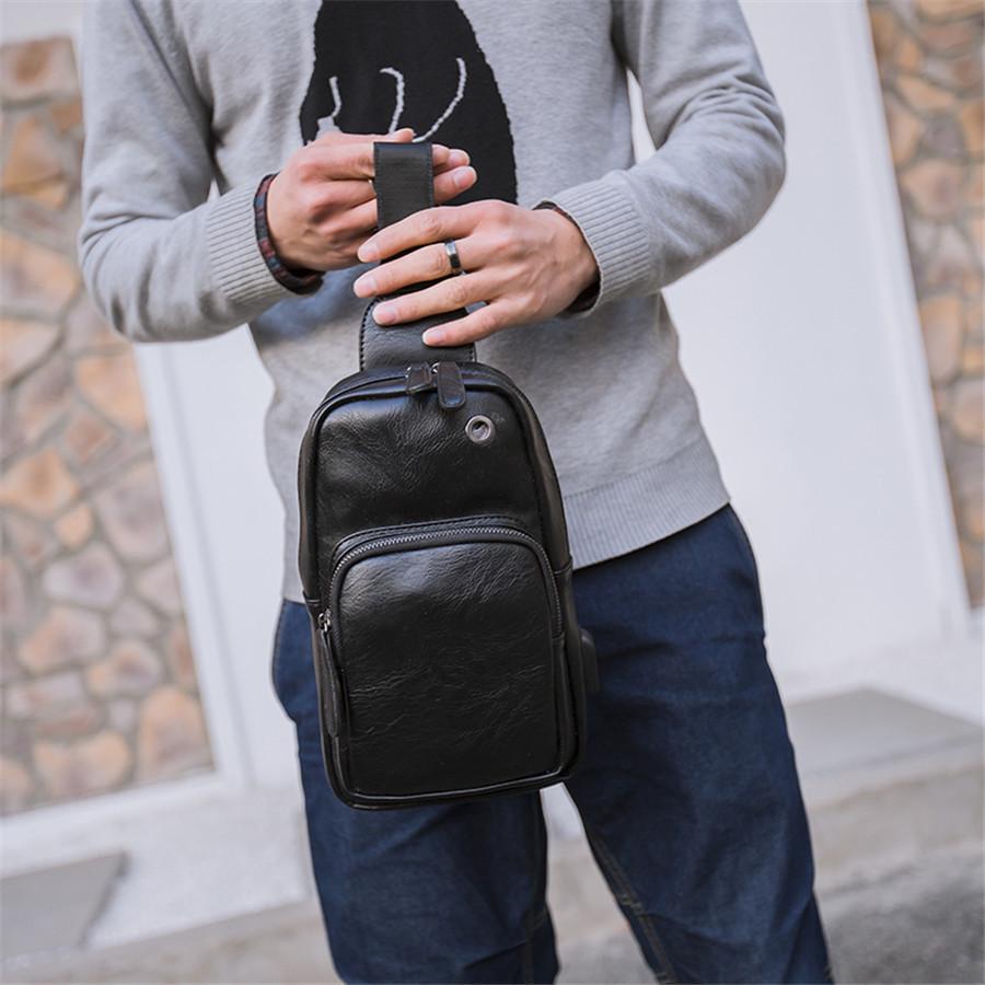 Chest Bag Men Coffee Large Capacity with Headphone Hole Shoulder Bag Outdoor Sports Pockets