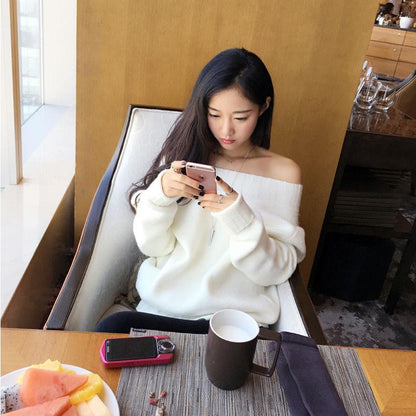 Women sexy Off-shoulder Sweaters  Autumn Winter Mid-length Loose  Knitted  pullover Sweater Dress