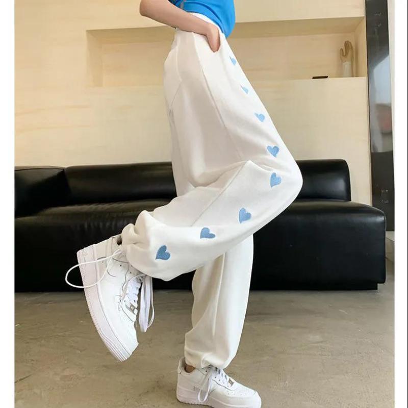 Summer Thin European and American Girl Style Love Sports Pants Women's Beam Feet White Loose Casual Pants Straight Spring Tide Ins