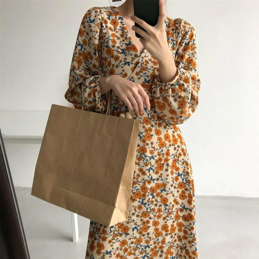 French Temperament Retro V-neck Floral Skirt Female Spring Summer Waist Thinner Over The Knee Chiffon Dress