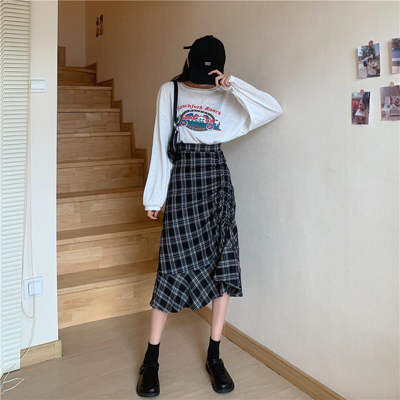 Folds Plaid Skirt Women High Waist A-line Mid-length Half Skirt Thin Daily Student School