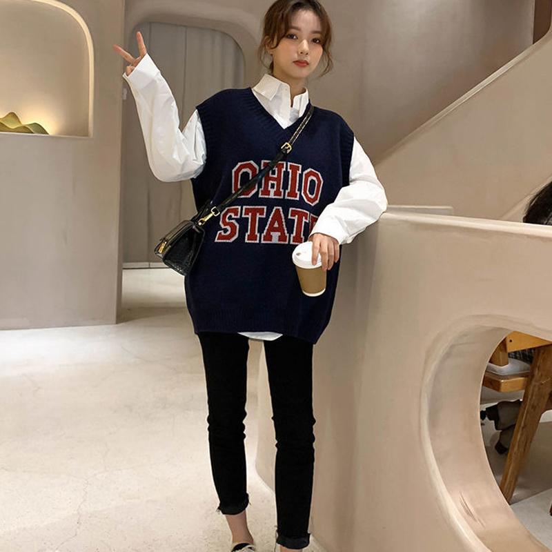 Letter V-neck Knitted Waistcoat Female Autumn Korean Version Was Thin and Western Style Wild Sleeveless Waistcoat Waistcoat