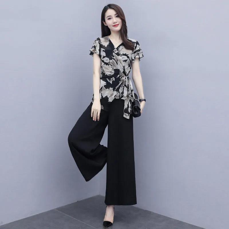 Suit Printed Chiffon Shirt Summer Temperament Casual Suit V-neck Short Sleeve Shirt + Loose Wide Leg Pants Lightweight
