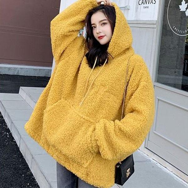 Autumn and Winter Lamb Wool Sweater Female Students Loose Long-sleeved Jacket Hooded Sweater Women