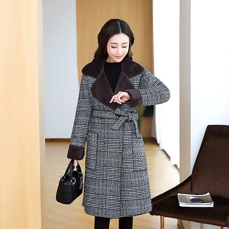 Woolen Coat Women's Mid-length Autumn and Winter Korean Style Plus Velvet Thickened Over The Knee Houndstooth Plaid Coat