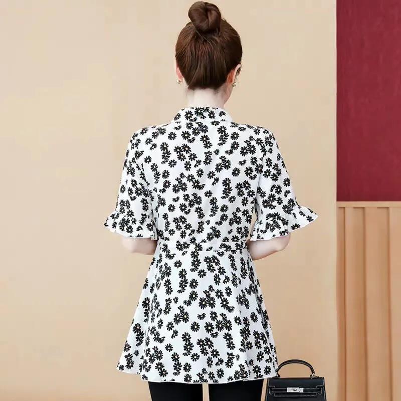Large Size Chiffon Shirt Women's Spring and Autumn Waist Mid-length Small Daisy Long-sleeved Shirt Top