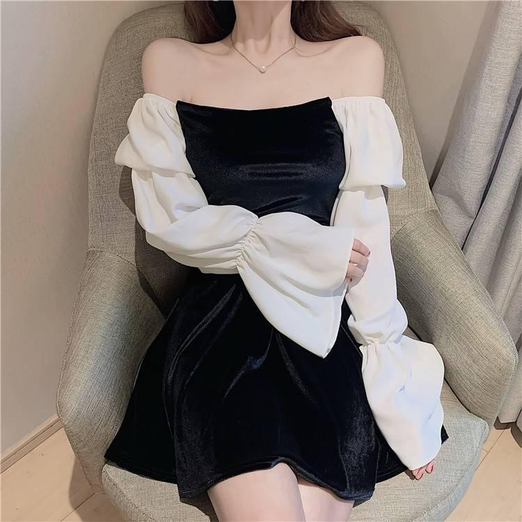 Fashion Spring Stitching Bubble Sleeve Dress Sexy Slash Neck Off Shoulder Dress A-line Dress