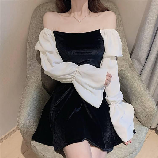 Fashion Spring Stitching Bubble Sleeve Dress Sexy Slash Neck Off Shoulder Dress A-line Dress