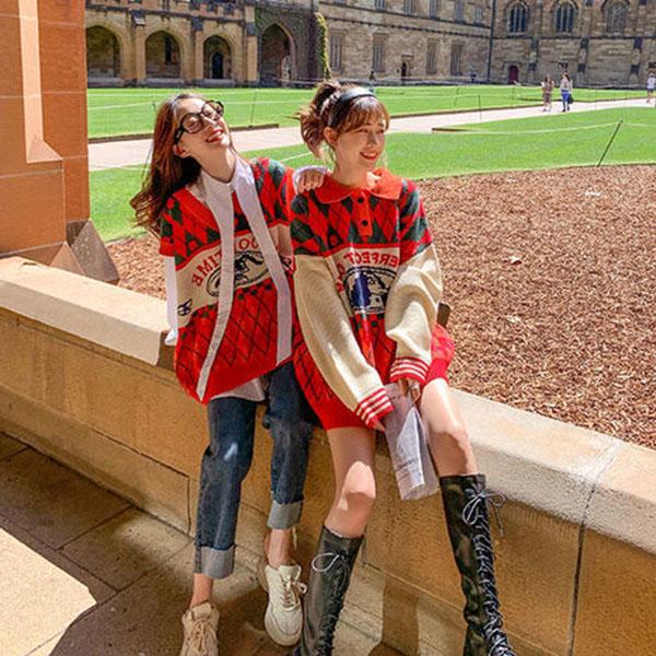 Red Sweater Women Loose Pullover Student Knit Sweater Students All-match Casual Lapel Diamond Print Knitted Sweater Outer Wear Autumn Winter