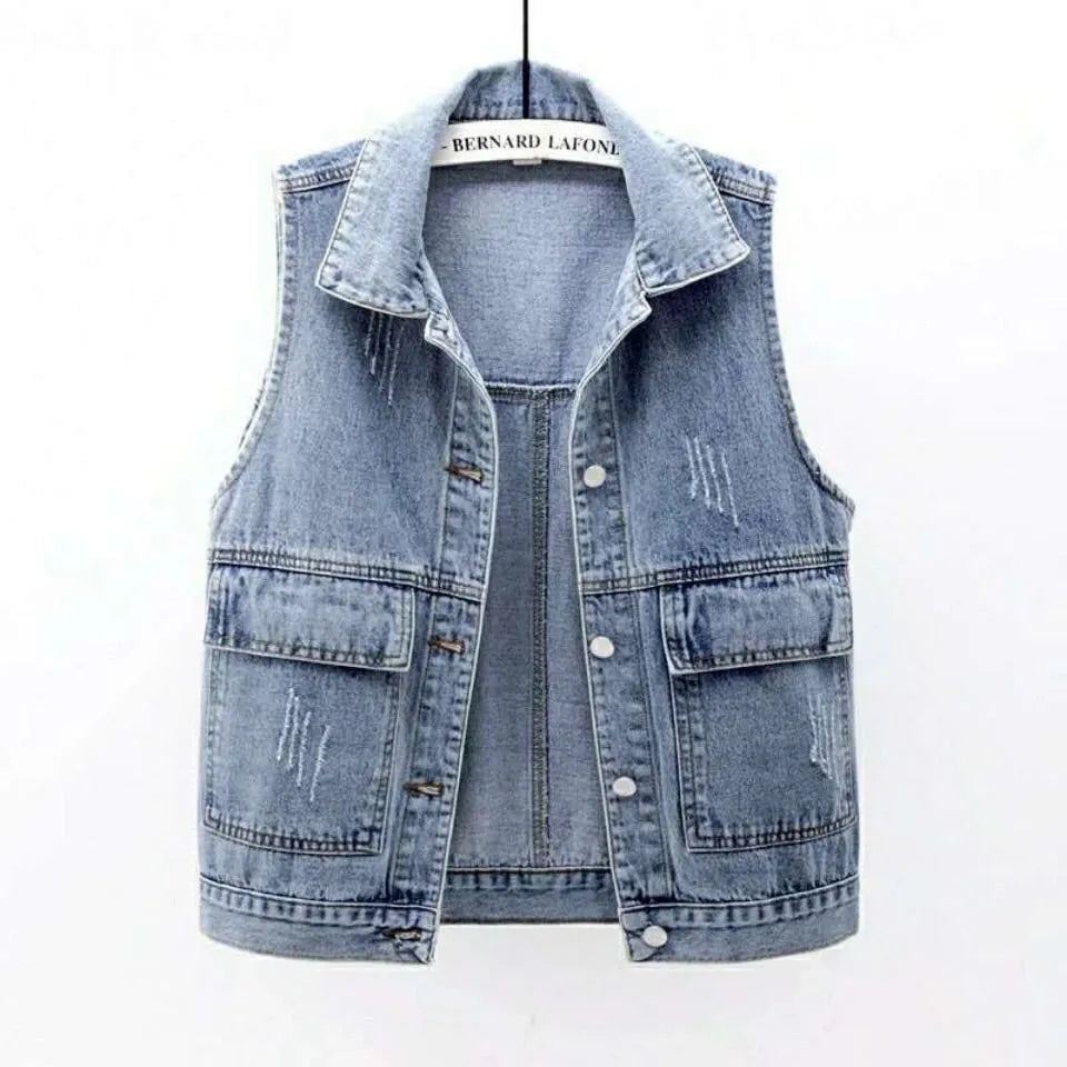 Denim Vest Women's Spring Summer Simple Large Pockets Sleeveless Vest Coat All-match Large Size Loose Top Button Denim Cardigan