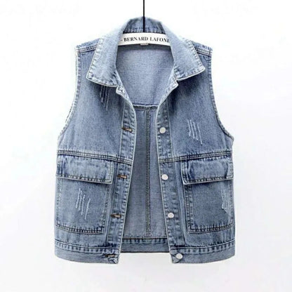 Denim Vest Women's Spring Summer Simple Large Pockets Sleeveless Vest Coat All-match Large Size Loose Top Button Denim Cardigan