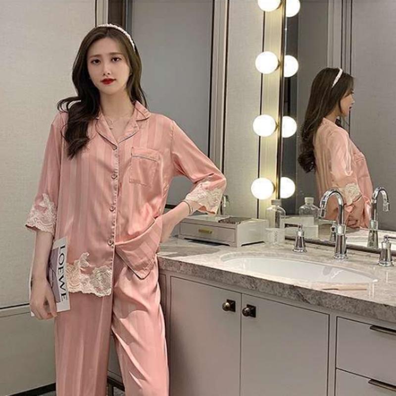 Women's Spring Autumn Long-sleeved Pajamas Set Sexy Lace V Neck Ice Silk Jacquard Striped Homewear Loose Comfortable Sleeping Suit Two-piece Set