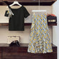 Summer Bow Knot One-shoulder Top Printed Skirt Suit Women's Summer Cool Breathable Chiffon A-line Skirt Short-sleeved T-shirt Two-piece Set