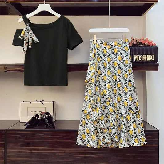 Summer Bow Knot One-shoulder Top Printed Skirt Suit Women's Summer Cool Breathable Chiffon A-line Skirt Short-sleeved T-shirt Two-piece Set