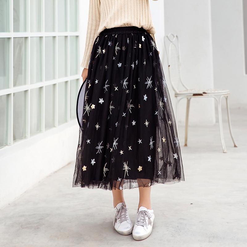 Spring Summer Vintage Skirt Womens Elastic High Waist Tulle Skirts Long Pleated Mesh Skirt