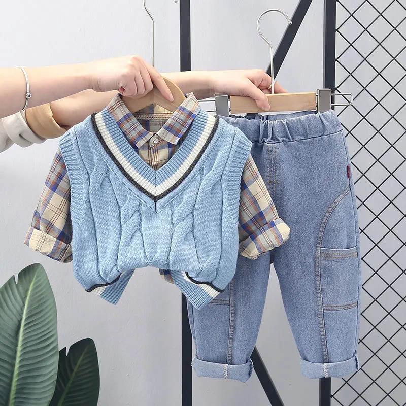 Boys Spring and Autumn Suit Handsome Baby Spring Sweater Vest Three-piece Children's Plaid Shirt Long-sleeved Comfortable Suit