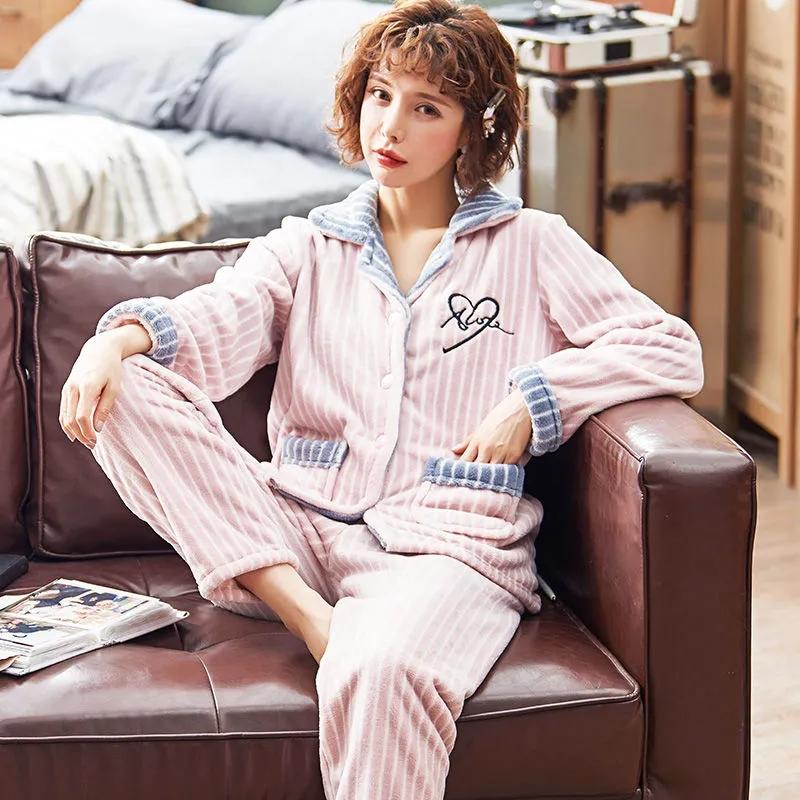 Autumn Winter Coral Fleece Pajamas Suits Women Flannel Thick Velvet Warm Sleepwear Long Sleeve Turn-down Collar Home Wear Striped Casual Nightwear