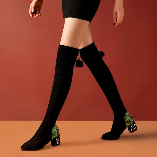 Women Over Knee Boots Slim Rhinestone High Heels Winter Boots  Ladies Plus Velvet Elastic Goat Suede  High Boots