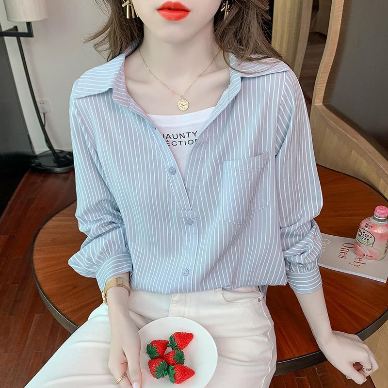 Striped Shirt Women's Spring Fake Two-piece Printed Loose All-match Long-sleeved Blouses