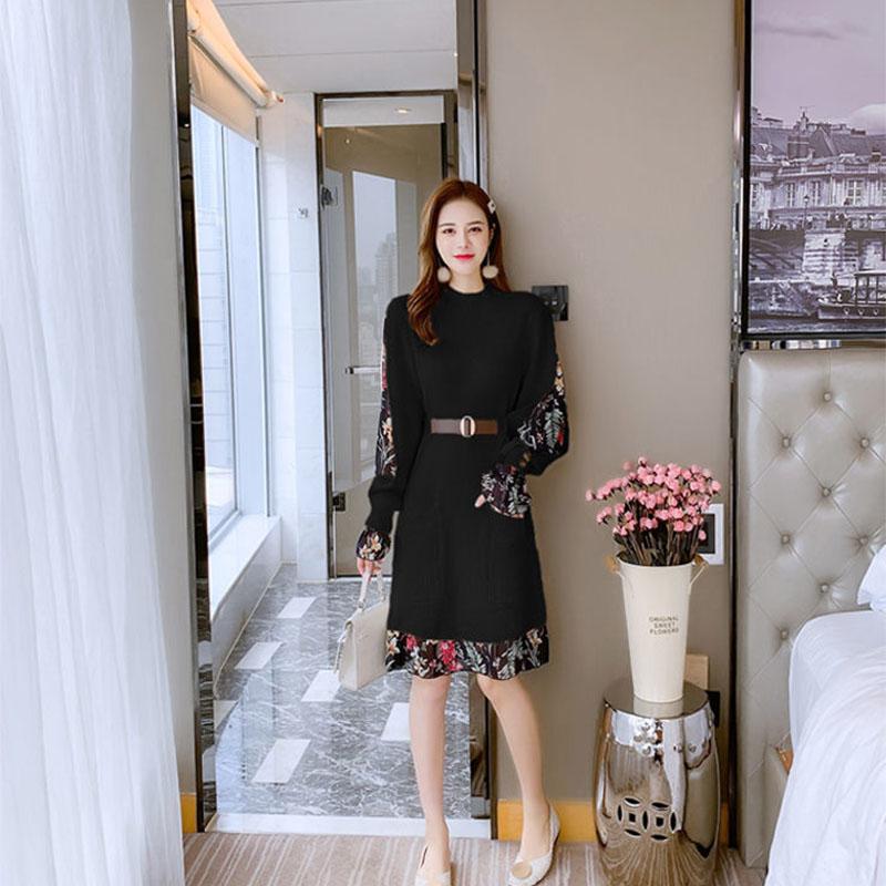 Women's Autumn and Winter Long-sleeved Dress Half High Collar Sweater Dress with Belt  Mid-length Skirt