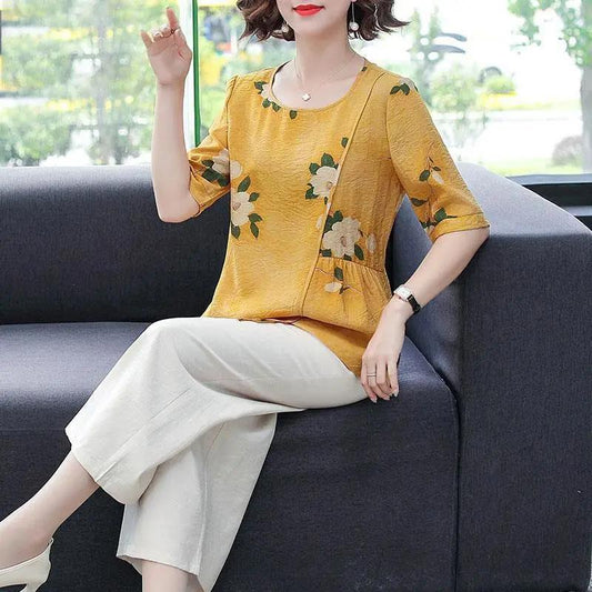 Women's Summer Cotton Linen Round Neck All-match Short Sleeve Floral Top