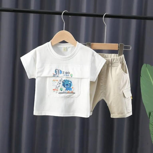 Children's Suit Summer Thin Boys' Korean Printed Lion Loose Stitching T-shirt Pocket Shorts Casual Pants 2-piece Set