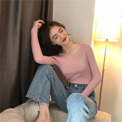 PofuLove Solid Color Simple Long Sleeve Bottoming Retro Round Neck Pullover Slim Sweater Sweater