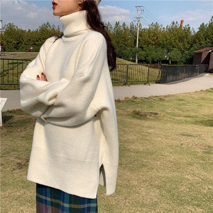 Winter Thick Solid Color Sweater Female Students Korean Turtleneck Pullover Bottoming Shirt Wild Split Stitch Loose Knit Sweater Jacket