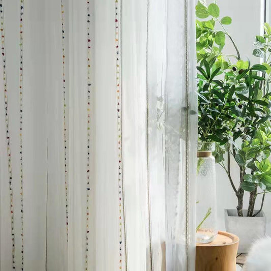 Faux Linen Stripe Pattern Sheer Curtains for Living Room Bedroom Embroidered Colorful Rainbow Semi Sheer Voile Window Curtain