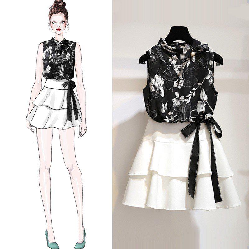 Pofulove Summer Skirt Set Sleeveless Mandarin Collar Blouse Shirt Ruffled Skirt Two-piece Suit Women