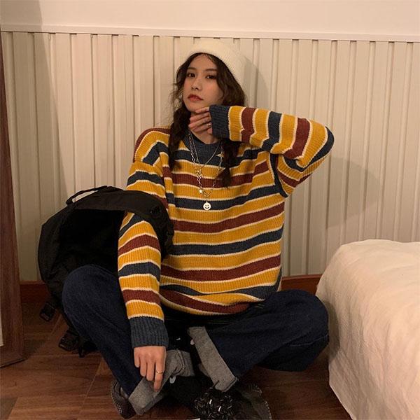 Autumn and Winter Retro Striped College Wind Round Neck Sweater Female Student Loose Mid-length Sweater Coat