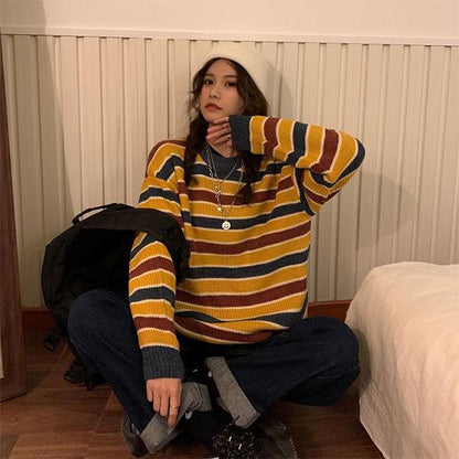 Autumn and Winter Retro Striped College Wind Round Neck Sweater Female Student Loose Mid-length Sweater Coat